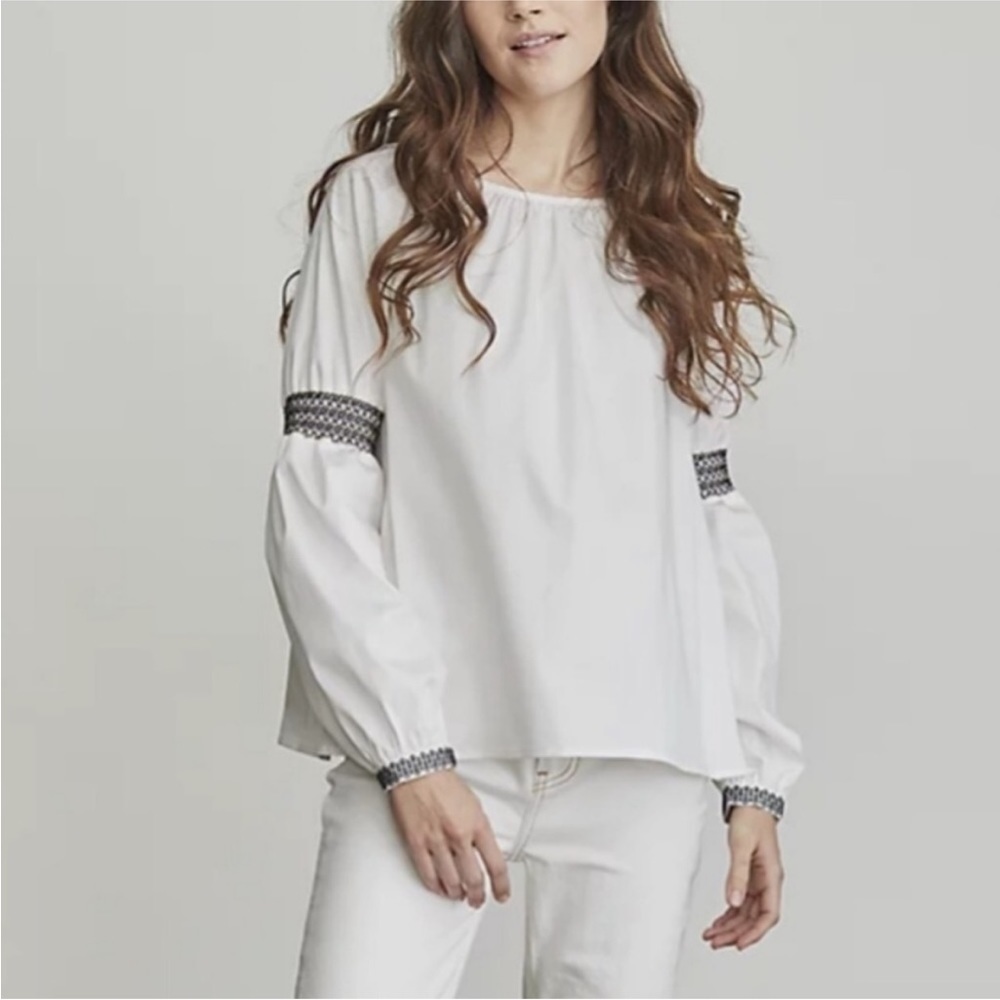 ELIZABETH JAMES puff sleeves EMBROIDERED BOHO PEASANT GYPSY WHITE BLACK BLOUSE